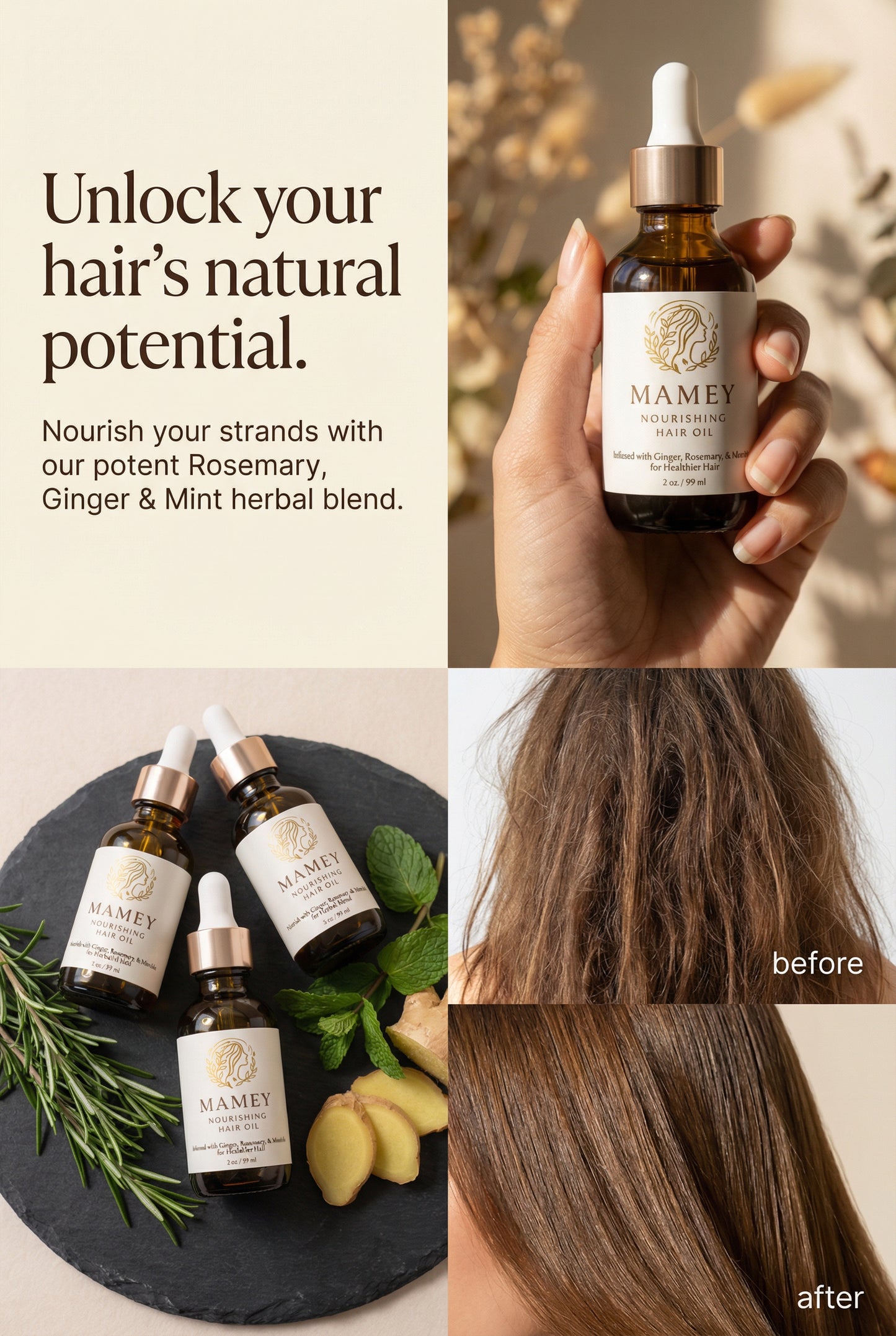 🌿 MAMEY Hair Growth Oil | Natural Herbal Blend with Rosemary, Ginger & Mint | 2 oz